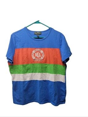 Ralph Lauren L-RL Active Tri-Color Beaded Logo Top Tee Shirt  Blue Red Green